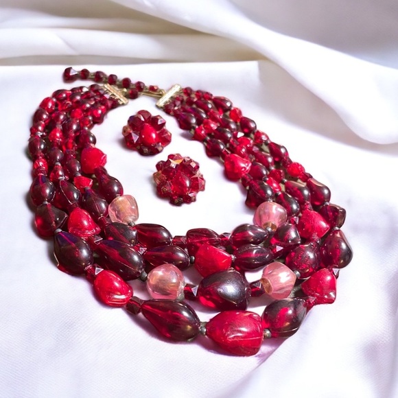 Vintage West Germany Red Lucite Necklace and Earring Set - Picture 2 of 4